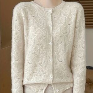 Soft new patterned semi-sheer 100% wool cardigan, ivory, medium, $40.